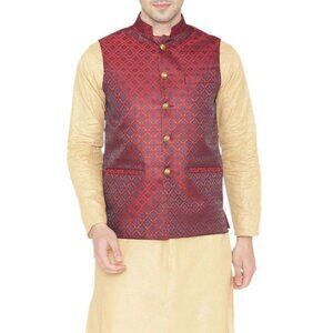 Banarasi Rayon Cotton Red Modi Nehru Jacket s36